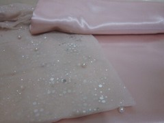 Pink Beaded Tulle Fabric 1yd x 66″W + Pink Satin Remnants 1yd 60″W Matching