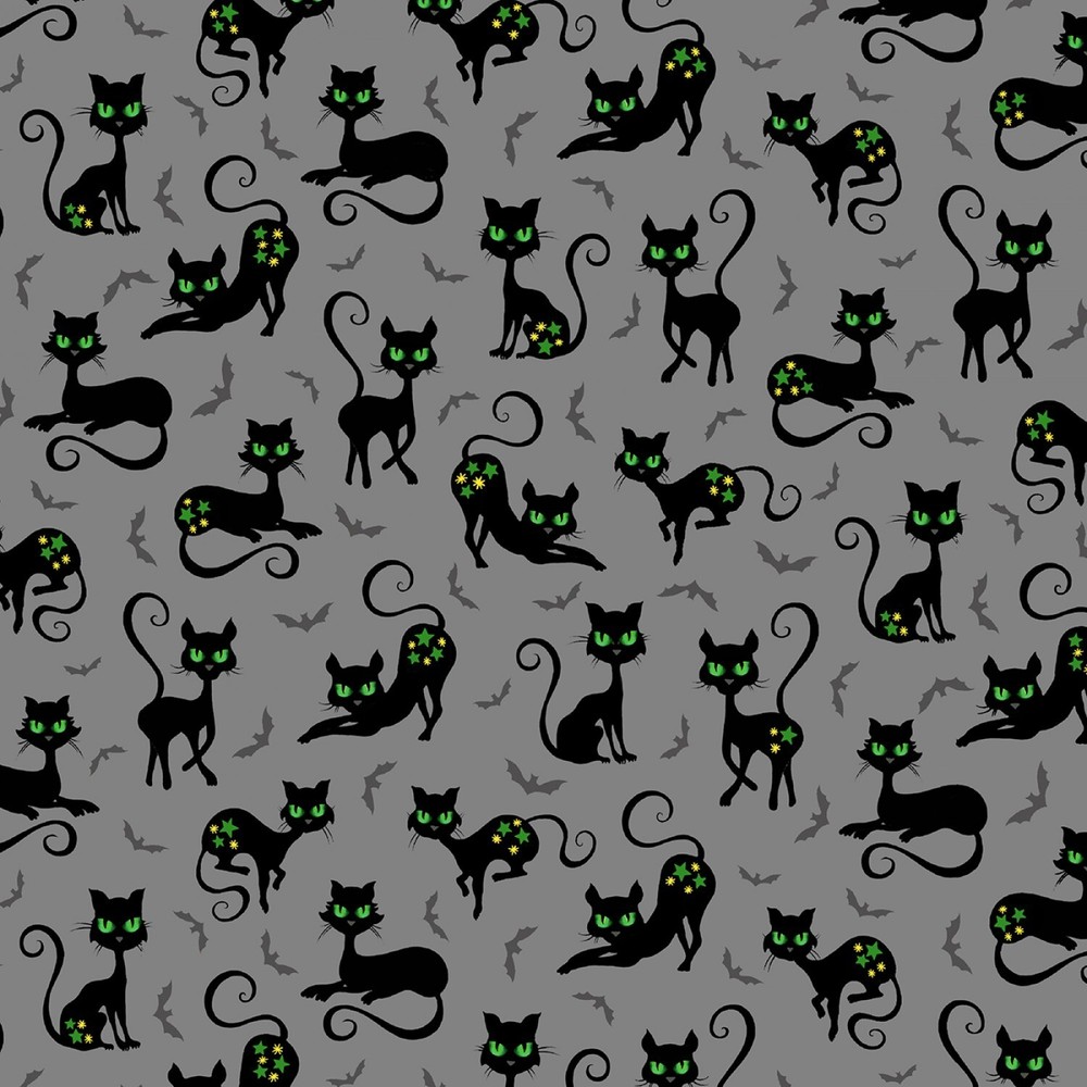 Feline Drive Fabric TRICK OR TREAT Black Cats Gray Fat Quarter (18″x22″) FQ