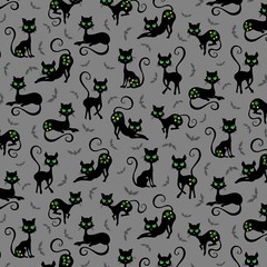 Feline Drive Fabric TRICK OR TREAT Black Cats Gray Fat Quarter (18″x22″) FQ