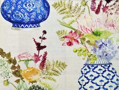Cobalt Blue Flower Vase Curtain Fabric By The Yard, Upholstery, Drapery Fabric
