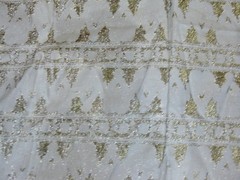 vintage 2-1/2 yd METALLIC & Cotton (?) FABRIC Gold & Silver on Cream 43″w. washd