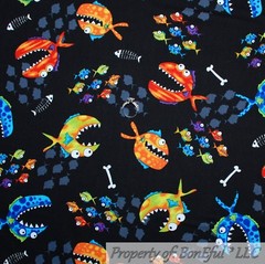 BonEful FABRIC FQ Cotton Quilt Blue Black White B&W Penguin Red Heart I LOVE YOU