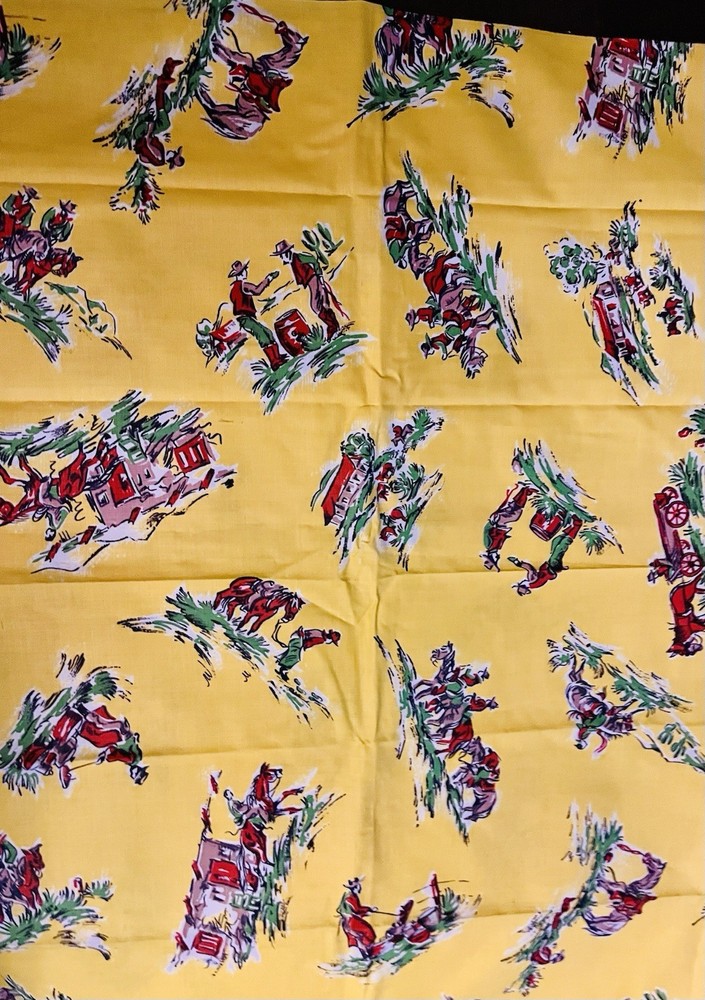VTG `50`s Southwestern Cowboys Horses Wagons Hacienda on Yellow 15″x20″