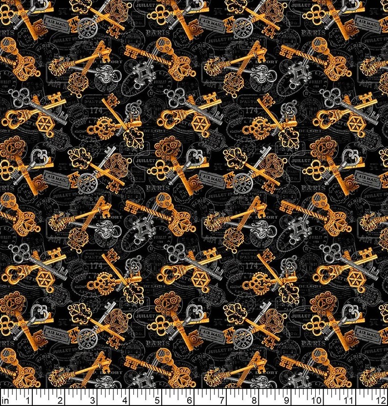 Blank Quilting Fabric by the 1/4 yard Cotton Time Travel Steampunk Skeleton Keys