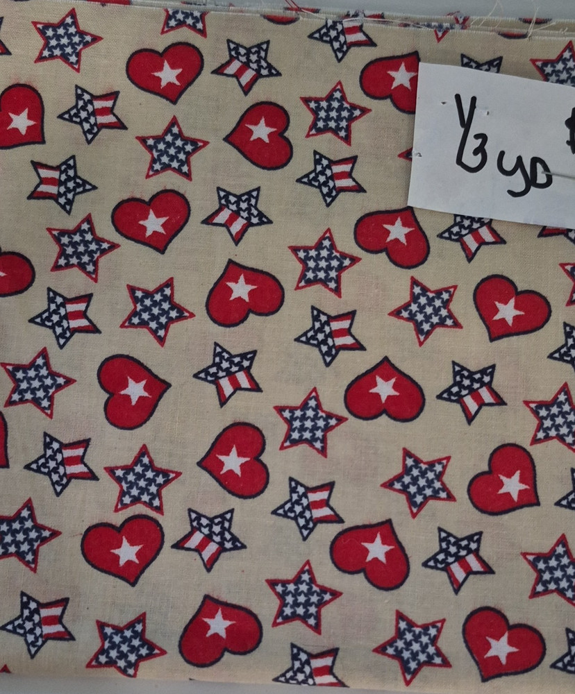 Patriotic Stars & Hearts Cotton Fabric 1/3 Yard Beige Red Blue White