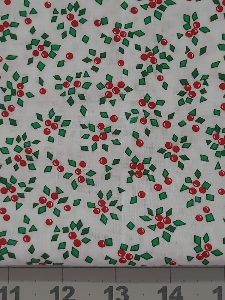 Vintage Christmas Cotton Fabric Abstract Holly Red Green On White 1 Yard 22 Inch