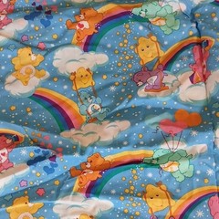 Care Bears Cartoon Print Fabric Blue Rainbow Clouds 44″ W x 89″ L NWOT Vintage