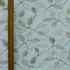 Powder Blue Leaves Fabric By The Yard, Cotton Linen Embroidered Floral
