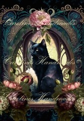 Black Cat Floral Design Reproduction Cotton Fabric Quilt Block Multi-size