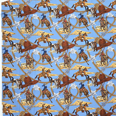 West Cowboys Indians Horses Brown Blue Shamash & Sons 5540 Cotton Fabric 1.2+ YD