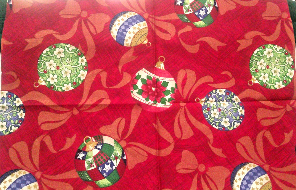 Fabric Benartex “Bulbs & Bows” Colorful Xmas Bulbs on Red w/Gold Bows $2.75