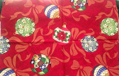 Fabric Benartex “Bulbs & Bows” Colorful Xmas Bulbs on Red w/Gold Bows $2.75