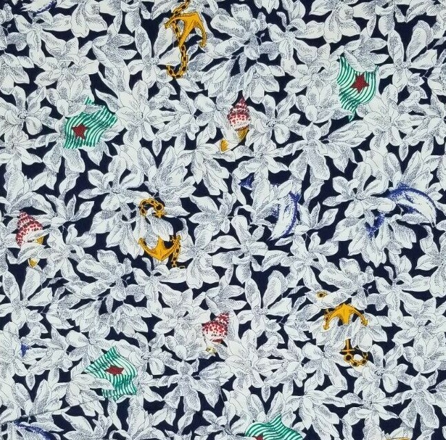 Wamsutta navy blue white Nautical Floral Cotton Fabric approx 3.75 yds 140×42