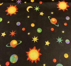 “Cosmos” Solar System Galaxy Fabric By R.E.D & Fabricland Vtg Black Yellow BTY