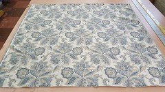 Beige/off-white/blue colors floral pattern upholstery fabric remnant 52″L x 54″W