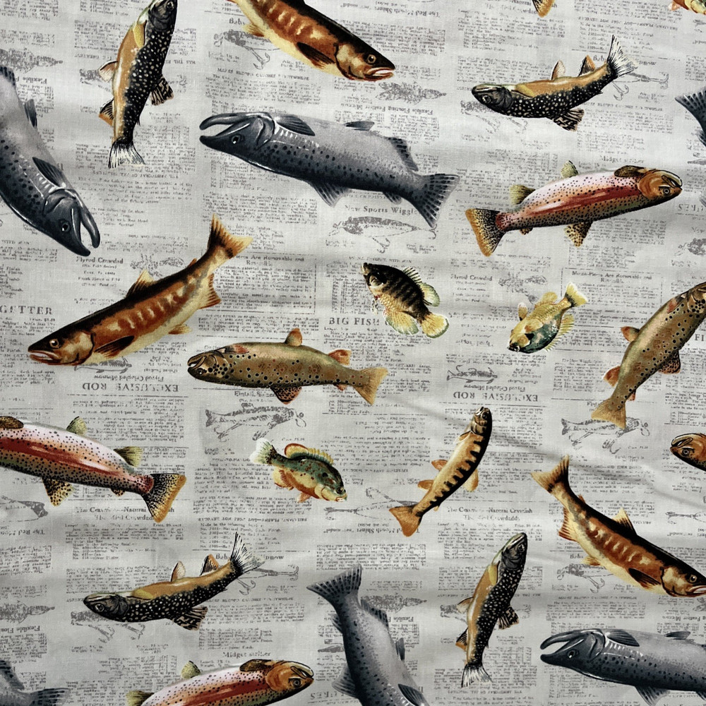 Novelty Prints Fish on Newspaper Cotton Fabric – 1.8 yds x 44″