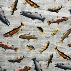 Novelty Prints Fish on Newspaper Cotton Fabric – 1.8 yds x 44″