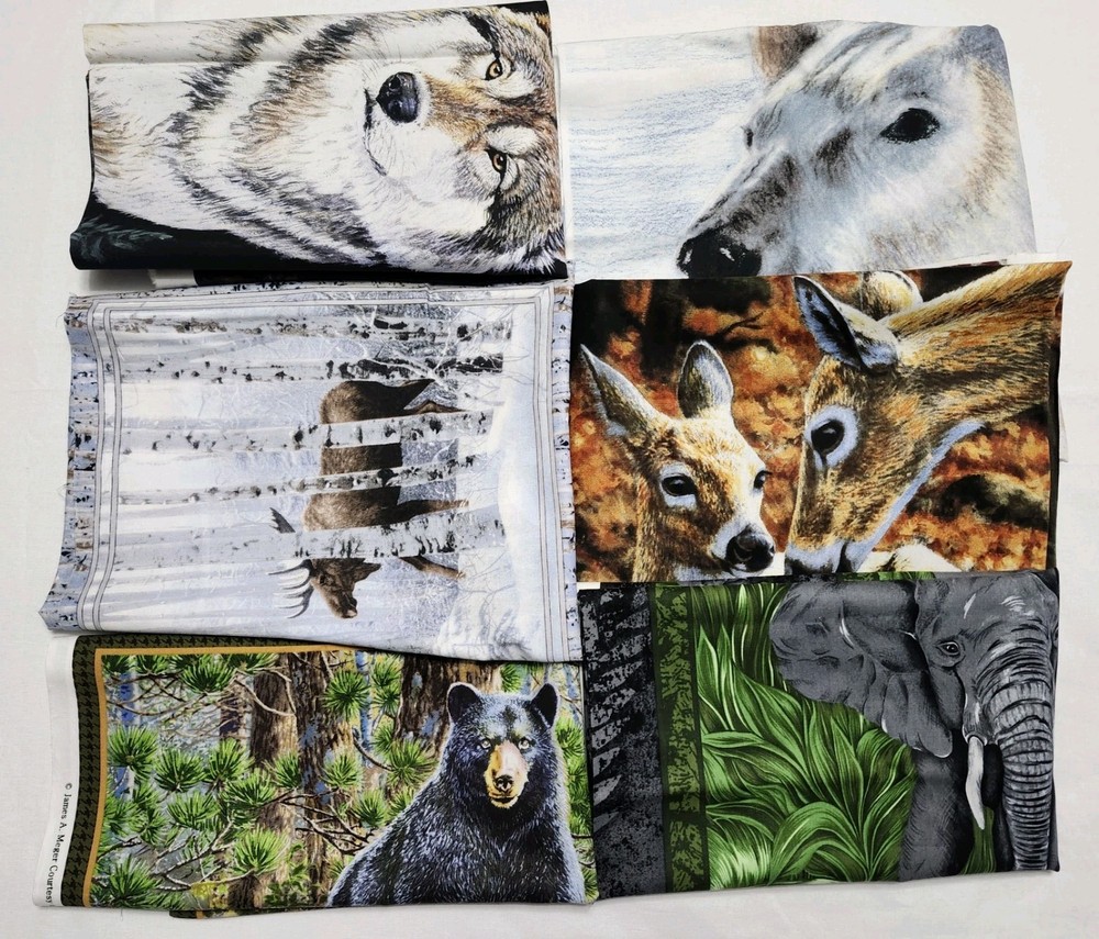 Lot 6 Wildlife Panels Safari Animals Woodland Cotton Fabric Bundle
