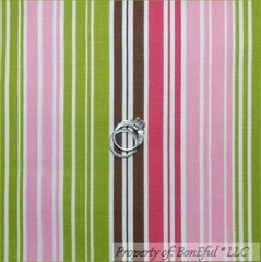 BonEful Fabric FQ Cotton DECOR Pink White Green Brown Bright S Stripe Girl Retro