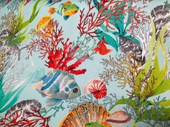 Aqua Sea World Coral Fabric Curtain Cotton Material Marine Seahorse Shell -140cm