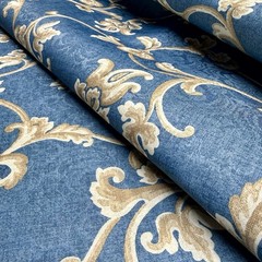 Vintage Transprint USA Fabric By The Yard Country Blue Tan Floral Scroll Print