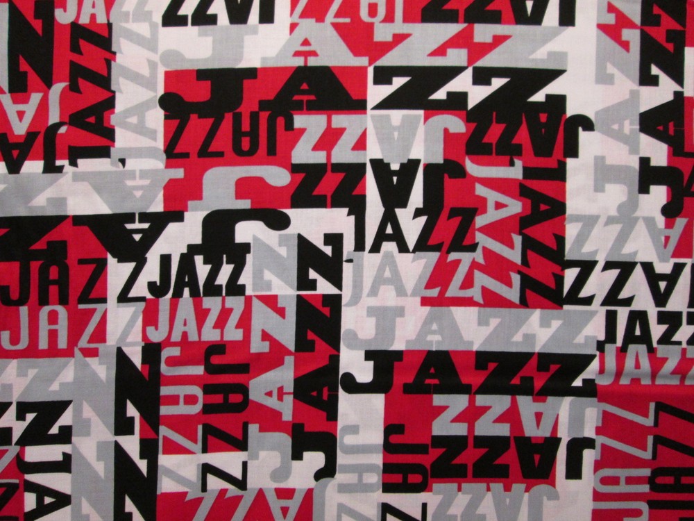 MOD JAZZ WORDS NEW ORLEANS RED BLACK GRAY COTTON FABRIC FQ