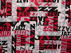 MOD JAZZ WORDS NEW ORLEANS RED BLACK GRAY COTTON FABRIC FQ