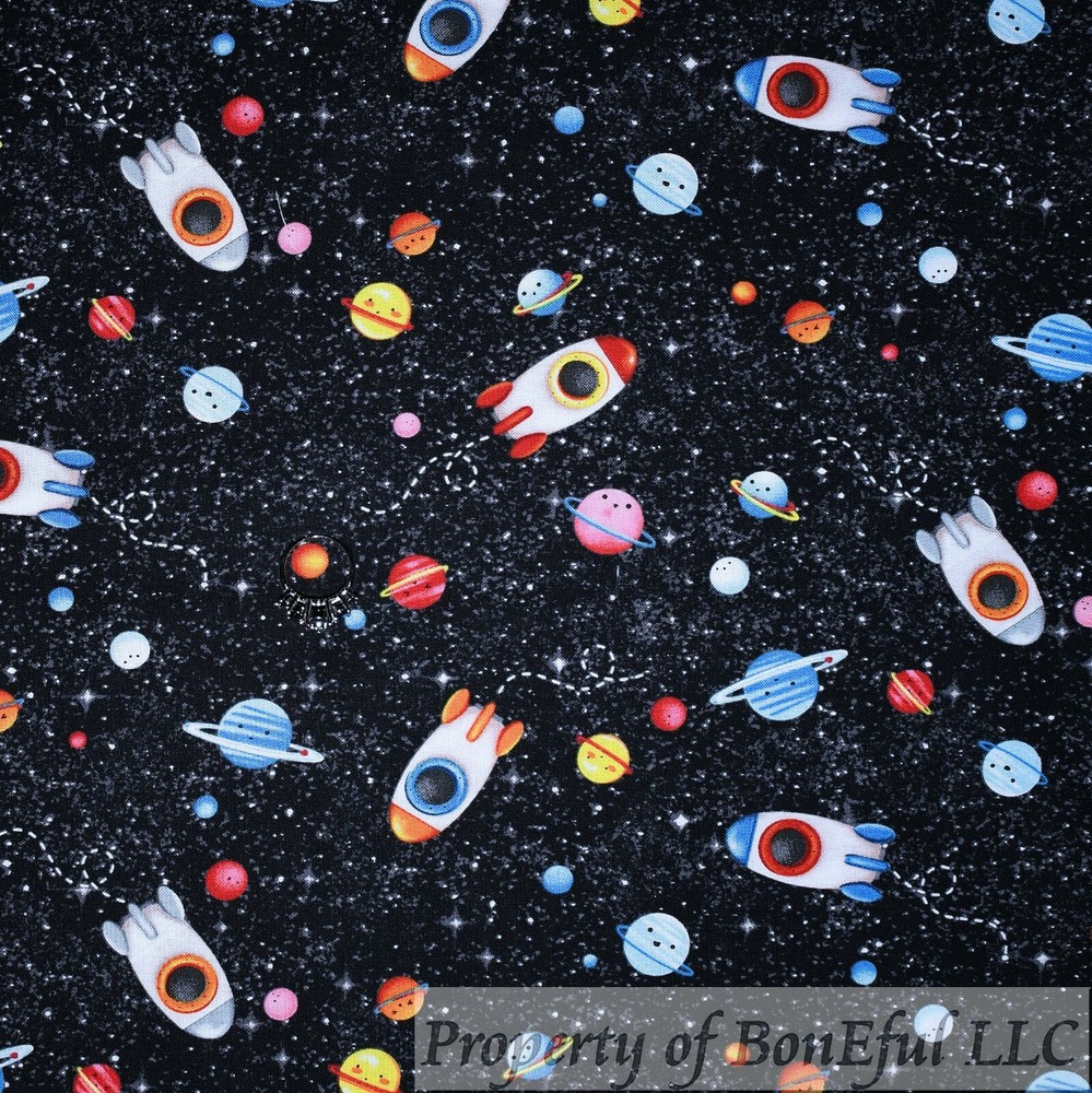 BonEful Fabric FQ Cotton Quilt Black Sky Star Planet Space Ship Shuttle Galaxy S