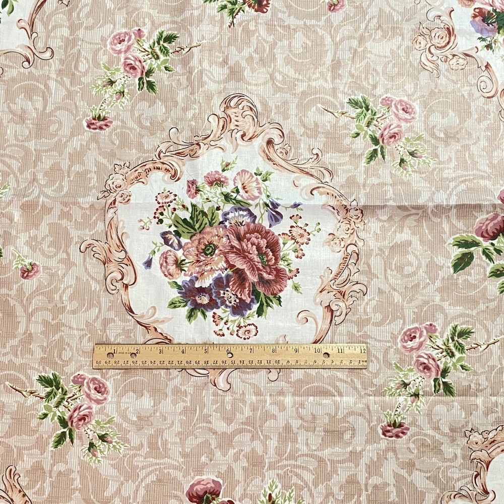 1.2 YD Vintage Floral Flourish Polished Cotton Decor Fabric Beige Cyrus Clark