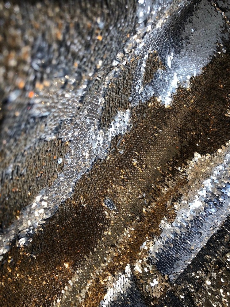 Reversible 3mm Gold & Silver Sequins Fabric | (2 Way Stretch/Per Yard)