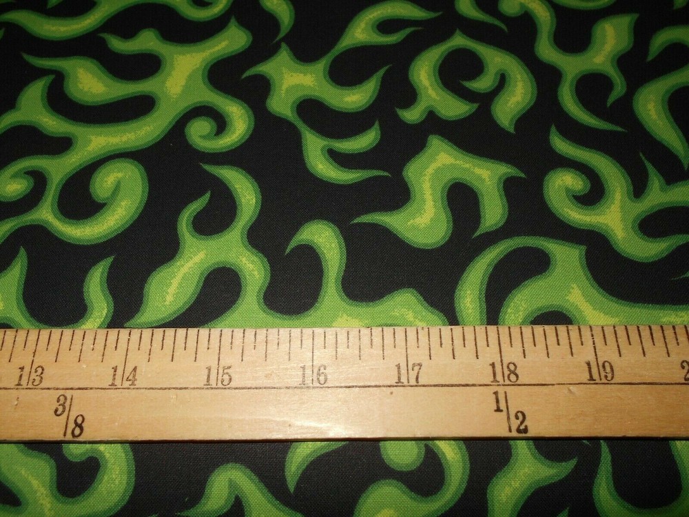 1 yard On Fire Green/Black Flames Fabric