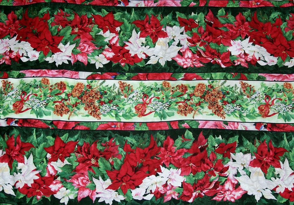 WINTER FLOWERS Festive Poinsettias Pinecones Ribbons Cotton Fabric 44″ BTY OOP