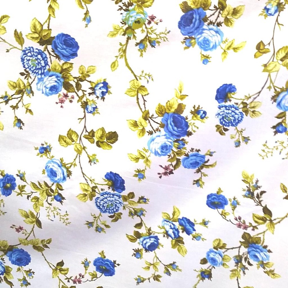 Classic Blue Rose Floral Print Poly Cotton Fabric 58″ By The Yard Victorian Rose