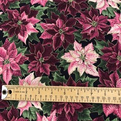 Pink Burgundy Poinsettia Flowers Gold Christmas Fabric Joan Messmore Cotton 2Yds