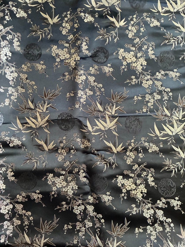 Asian Brocade Fabric Cherry Blossom & Bamboo Black & Silver, 3 Yards 44″ Wide