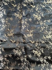 Asian Brocade Fabric Cherry Blossom & Bamboo Black & Silver, 3 Yards 44″ Wide