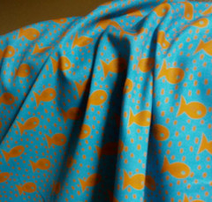 ‘Fish Swimming’ Orange Goldfish on Blue Soft Fabric BTY x 58in W Made in Brazil