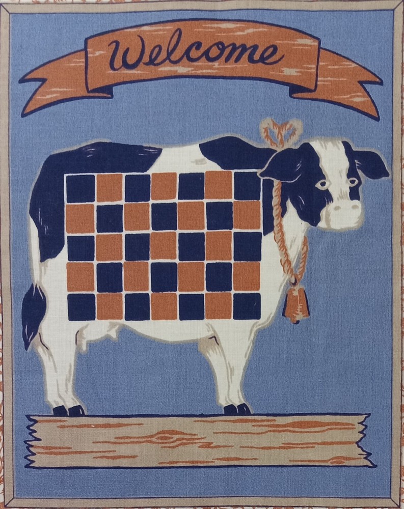 Vtg~Wamsutta~”Welcome ~ Holstein Cow, Checkerboard”~Cotton Fabric Panel~ 8″x10″