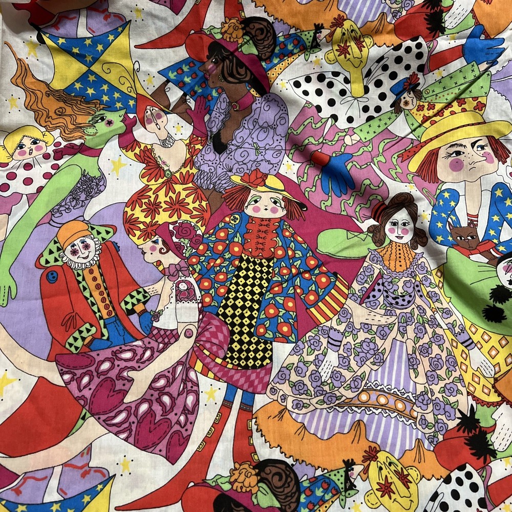 RARE! VTG Elinor Peace Bailey Print fabric Unique Dolls Clowns Ladies