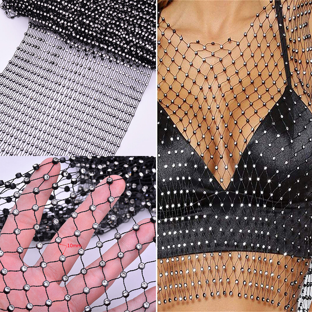 1 Yard Fishnet Fabric Diamante Crystal Rhinestone Trim For Clothes DIY Accessory