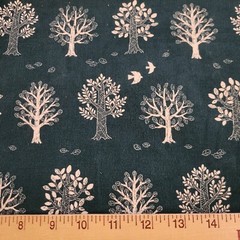 White on Dark Teal Trees & Birds Japanese Cotton Corduroy Super-Fine Wale