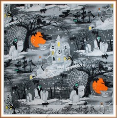 BonEful Fabric FQ Cotton Quilt B&W STAR Halloween Scenic Skeleton Skull Cat Bat