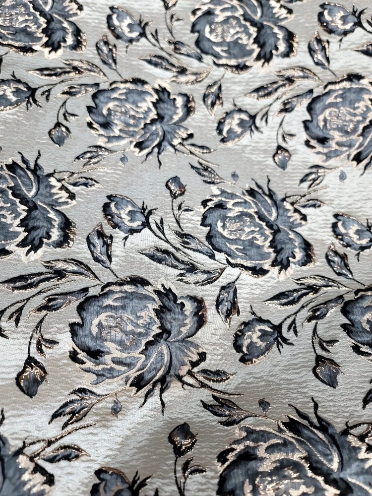 Gray Black Floral Flowers Brocade Gold Metallic On Beige Jacquard Fabric By Yard