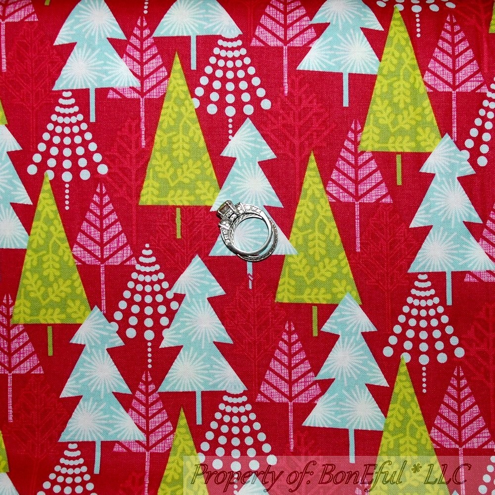 BonEful Fabric FQ Cotton Quilt Red Pink Green White Xmas Tree Holiday Snowflake