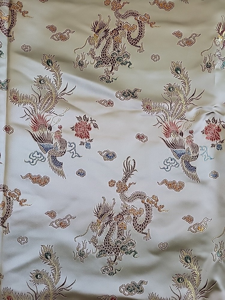 Chinese dragon and phoenix pattern brocade fabric, satin sheen, 45×142 inches