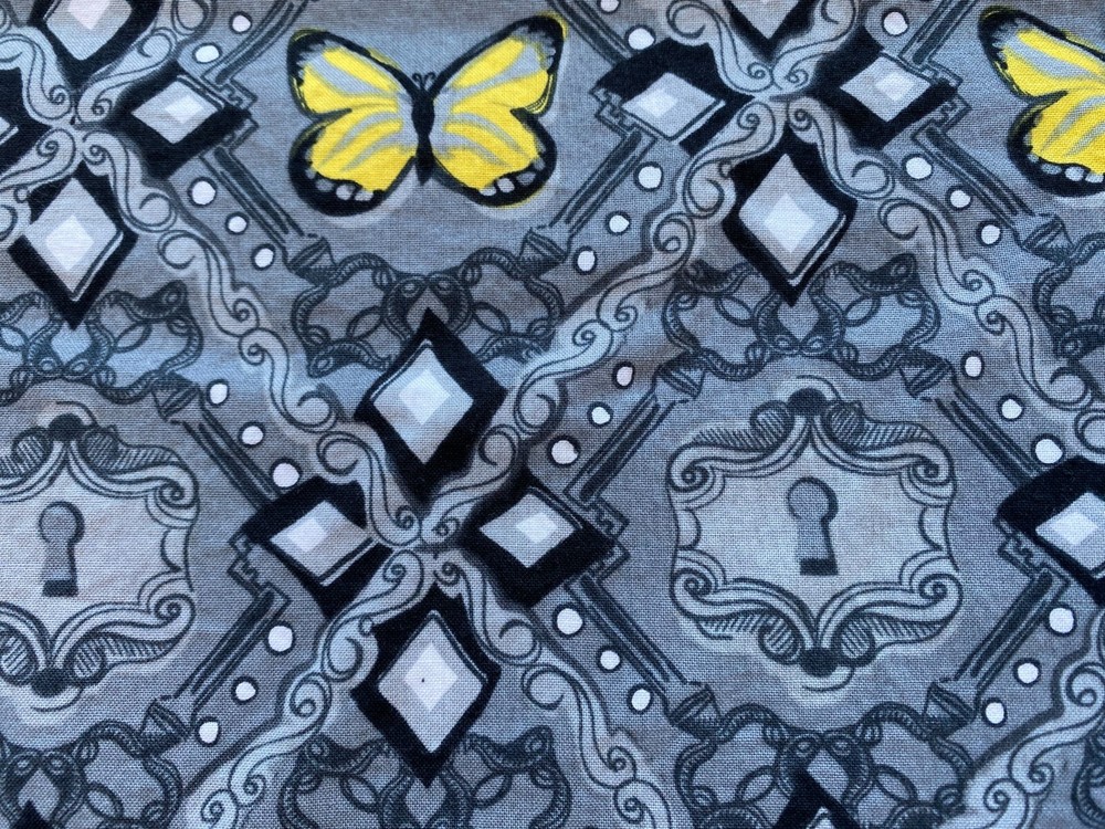 TOP DRAWER FABRIC~Secret Garden~KEY HOLE~Gray Black Yellow~BUTTERFLIES~42×85~
