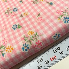 Vintage Neon Flocked Florals on Pink Gingham Semi Sheer Fabric by the Half Yard