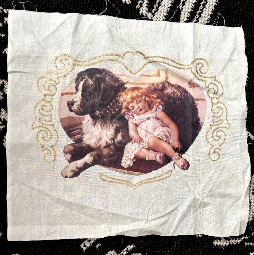 Vtg 12X12″ Victorian SLEEPING GIRL DOG PANEL Cotton FABRIC Pillow TOP Quilt