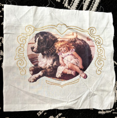 Vtg 12X12″ Victorian SLEEPING GIRL DOG PANEL Cotton FABRIC Pillow TOP Quilt