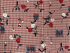 4+ yds Flowers Painted on Red Gingham Fabric Vtg 1996 Tandler Textiles 54″ wide